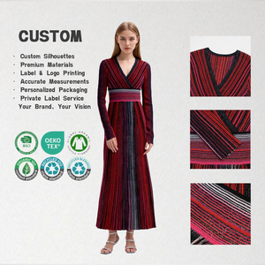 Women's Striped Sparkle Knit Dress, Custom <b>Red</b> V Neck Long Sleeve Bodycon Maxi Dress Sweater, Wholesale Evening Sweater - Product Image 1