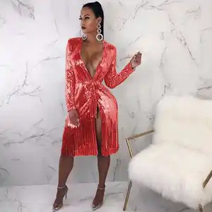 hot sale European and American deep V-neck glittering lace long sleeve sexy split tassel dress 2020