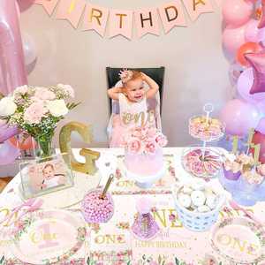 Modern Floral 1st Birthday Party Tableware Set for Baby Girls Onederful Dinnerware & <b>Tablecloth</b> Serving 24 Guests - Product Image 4