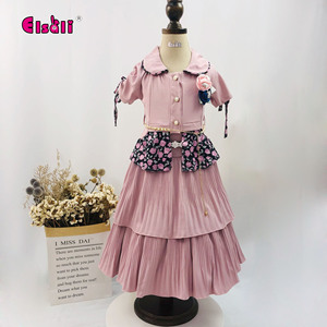 Ensemble haut cardigan à col Claudine et jupe multicouche à motifs floraux pour filles Elsali, avec ceinture métallique offerte, collection été pour petites filles - Product Image 1