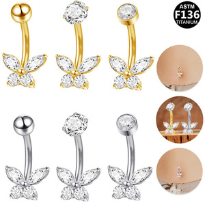 Anneau de nombril papillon plaqué titane avec zircon marquise, bijoux de corps en alliage G23 pour femmes et hommes, accessoire de piercing - Product Image 1
