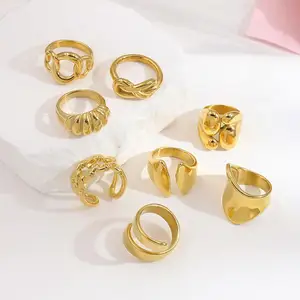 18K Gold Plated Wholesale Stainless Steel Simple Personality Punk Hollow Chunky Chain Twisted Finger Rings For Women