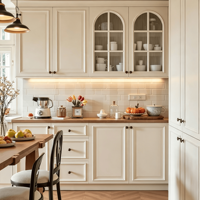 Armoires de cuisine sur mesure directement de l'usine, design Shaker gris clair avec façades en verre cannelé et comptoir en bois pour la cuisine à domicile