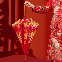 Parapluie de Mariage Chinois Doré à Long Manche Brodé de Dentelle pour Mariée, Grande Parapluie de Cérémonie pour Fille/Femme