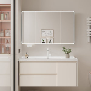 Mueble de baño con lavabo cerámico integrado, cajón y lavabo de aluminio tipo panal - Product Image 2