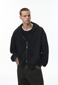 Chaqueta Corta con Capucha para Hombre, de Algodón, con Lavado Ácido, Efecto Desgastado, Tinte Especial Aso, Cierre de Cremallera, Estilo Cuadrado, para Otoño - Product Image 3