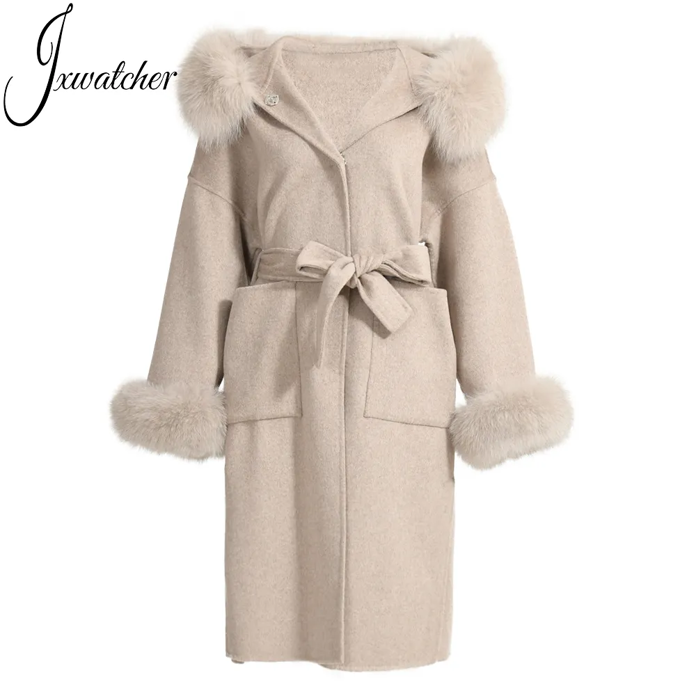 Fashion Ladies Belt Loose Wool Coat Long Trench Luxury Big Real Fur Collar Hooded Wholesale Women Double Faced Cashmere Coat