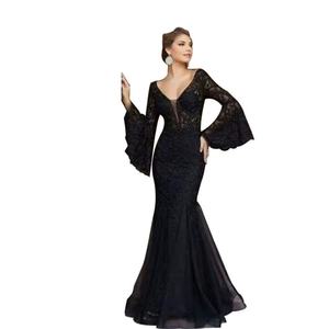 Nouvelle robe de soirée pour femmes européennes et américaines, dentelle brodée, coupe sirène, noire, ajustée - Product Image 1