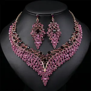 Wholesale Exaggerated Retro Design Banquet Dress Accessories Leaf Shape Rhinestone Necklace Earring Set