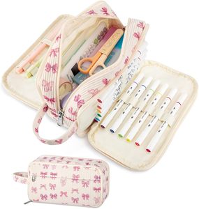 Grande trousse à crayons mignonne avec poignée pour adolescents, cadeau unisexe - Grande trousse à 4 compartiments en velours côtelé, bleu ciel - Product Image 3