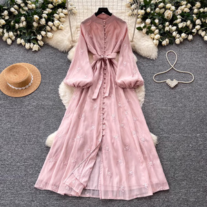Abito Lungo da Donna in Stile Francese Retrò con Cuciture in Pizzo <span class=keywords><strong>Rosso</strong></span>, Stile Coreano con Vita Traforata e Effetto Snellente, in Poliestere per Primavera - Product Image 1