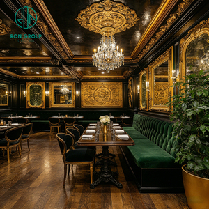 Ensemble table et chaises vintage en bois pour hôtel, steakhouse, café, avec banquette en velours vert, mobilier de <span class=keywords><strong>restaurant</strong></span> - Product Image 1