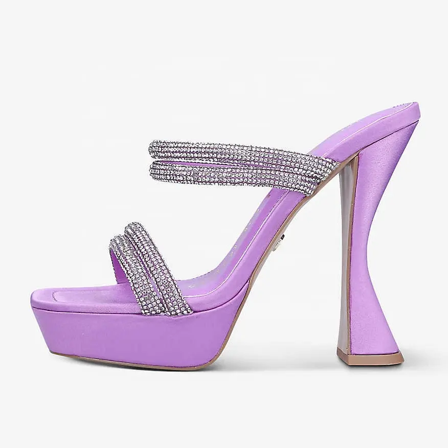 Hot Selling Slide Shoes Famous Designer Chunky Heel Square Head Ladies Purple Satin Slippers Luxury Bling Bling Platform Sandals