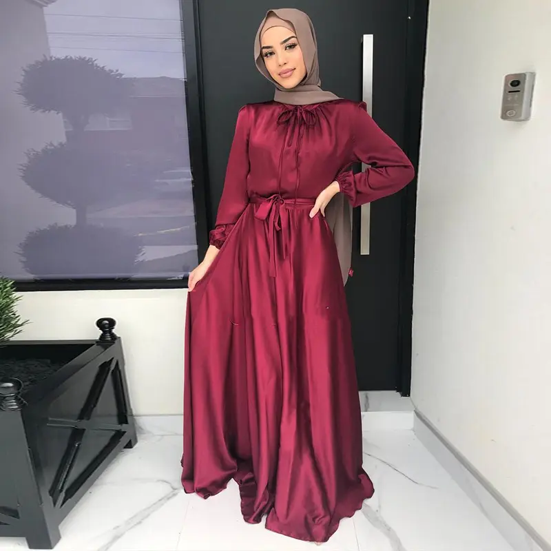 Frauen Luxus Satin Seide Langarm Gürtel Muslim Iran Türkisch Dubai Phantasie Maxi Abaya Kleid