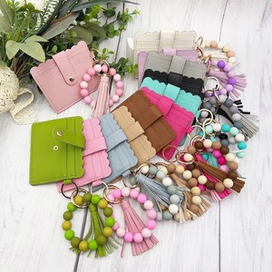 Bead Bracelet Card <strong>Holder</strong> with Tassel, Leather ID Card Wallet Wristlet Keychain, Scalloped Edge Card Case with Snap Button - Product Image 1