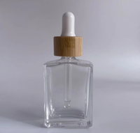 Flacon compte-gouttes en verre transparent carré pour cosmétiques fantaisie de 30 ml, 50 ml, 100 ml avec pipette en bambou
