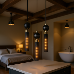 Lámpara Colgante Moderna Ajustable de Hierro Forjado Negro, LED Cilíndrica, para Isla de Cocina, Dormitorio, Baño, Modelo D0100XFA577 - Product Image 2