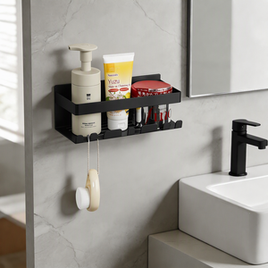 Estante de metal para baño montado en la pared con ganchos Estantes de almacenamiento de acero inoxidable Sin perforación Estante de champú de ducha simple transfronterizo - Product Image 4