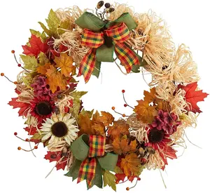 Factory Sale Autumn Bow Wreath Harvest Festival Thanksgiving Straw Maple Leaf Festival Wreath Props