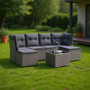 Ensemble de canapés de jardin en rotin gris 6 places, mobilier d'extérieur au design contemporain, structure en acier, plateau en verre trempé - Product Image 2