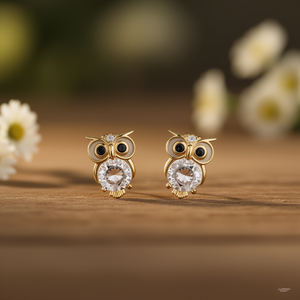 Pendientes de tuerca con diseño de búho dorado E1897 para mujer, bonitos, de dibujos animados, con cristales de imitación y engaste de bisel, joyería de moda chapada en aleación. - Product Image 2