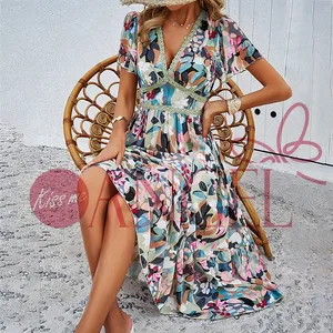 KISS ME ANGEL summer riotous leisure holiday short sleeve deep V-neck embroidery hollow flower print women's dress