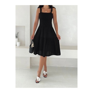 Women's Black Summer <b>Dress</b> <b>Elastic</b> Straps Viscose Fabric 100 Cm Length Ruffled Skirt Comfortable Fit - Product Image 1