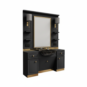 Muebles de Salón de Barbería Comerciales de Lujo Modernos, Madera Negra y Dorada, Barbería de Alta Calidad, Turquía - Product Image 2