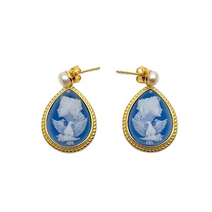 Antique Court Style Vintage 18K Plaqué Or S925 Argent Perle Bijoux <span class=keywords><strong>Bleu</strong></span> Agate Colombe <span class=keywords><strong>Camée</strong></span> Goutte D'eau Boucles D'oreilles pour Femme - Product Image 3
