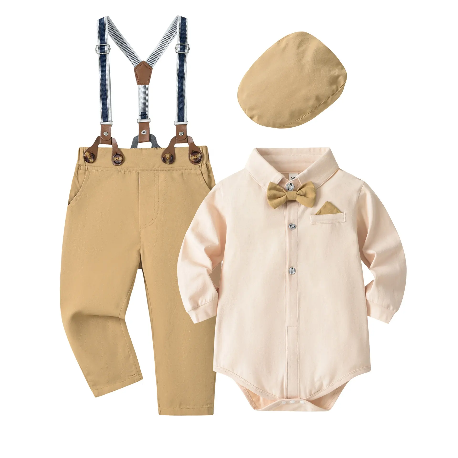 2024 Spring Boys Gentleman 1st Birthday Party Baby Boy Bowtie Romper and Suspenders Pants Fashion Set