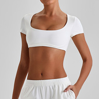 Haut de sport court pour femme, col carré, grande taille, séchage rapide, manches courtes, doux, extensible, coupe ajustée, pour la gym et l'entraînement