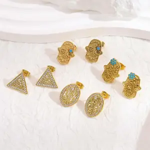 18K banhado a ouro Hamsa Mão Design aço inoxidável Stud Earrings Rezando Mão Snake Triângulo Folha Stud Earrings