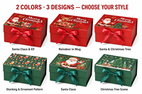 Boîte cadeau pliable de Noël en gros avec fermeture magnétique, nœud en satin, 2 couleurs, 5 tailles, imprimé Père Noël, pour les fêtes, OEM, MOQ 500 pièces