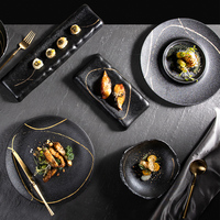 Assiette noire en or mat, bols pour mariage, vaisselle de restaurant moderne en porcelaine, vaisselle de luxe, vaisselle en céramique noire