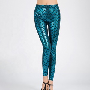 Mallas verdes <span class=keywords><strong>con</strong></span> escamas de pescado para mujer, mallas estampadas, pantalones de lápiz brillantes, pantalones elásticos brillantes, disfraz Hippie, mallas de sirena - Product Image 3
