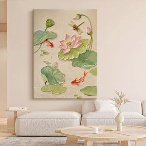 Creamy Lotus And Koi Fish Hand Painted Oil Painting Large Scale Decorative Art For Living Room Dining Room Entrance Hall - Product Image 2