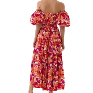 Custom OEM Women's Summer Casual <b>Dresses</b> 2025 Spring Summer Puff Sleeve Square Neck A-line Flowy Boho Floral Smocked Midi <b>Dress</b> - Product Image 3