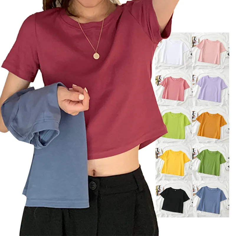 Wholesale Summer Cotton Short Sleeve T Shirt Round Neck Crop Top Tshirt for Women Casual Knitted Plain Dyed Casual Pullover