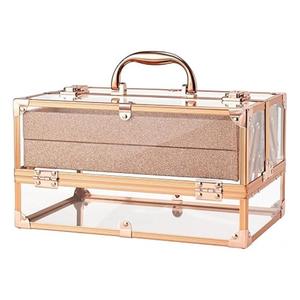 Xách tay 11.8 inch Rose Gold <span class=keywords><strong>Acrylic</strong></span> trang điểm <span class=keywords><strong>Train</strong></span> trường hợp 4-Tray mỹ phẩm lưu trữ box với stylist Artist Rack hiển thị - Product Image 1