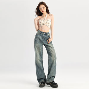 Interior Real Shot Design American <span class=keywords><strong>Jeans</strong></span> Retro Azul Pierna ancha Pantalones rectos holgados Pantalones de fregona Pantalones - Product Image 2