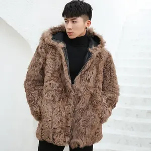 Yr1234 lông thú tự nhiên xoăn Lamb coat cho nam giới len mui xe Áo khoác