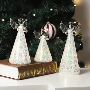 Оптовая продажа, маленькая Сидящая светодиодная подсветка, Рождественский орнамент, ручной удар, декоративная стеклянная Статуэтка ангела с блестками