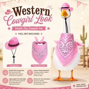 Décoration de jardin et d'entrée pour la fête de la Saint-Jean : Statue de canard en tenue de cowboy rose avec bandana à motif cachemire - Product Image 2