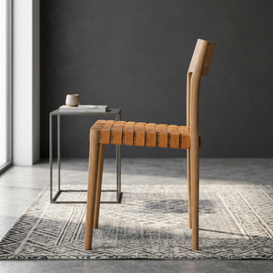 Chaise de salle à manger scandinave moderne en teck massif avec assise en cuir véritable et hauteur réglable pour mobilier de salle à manger à domicile - Product Image 3