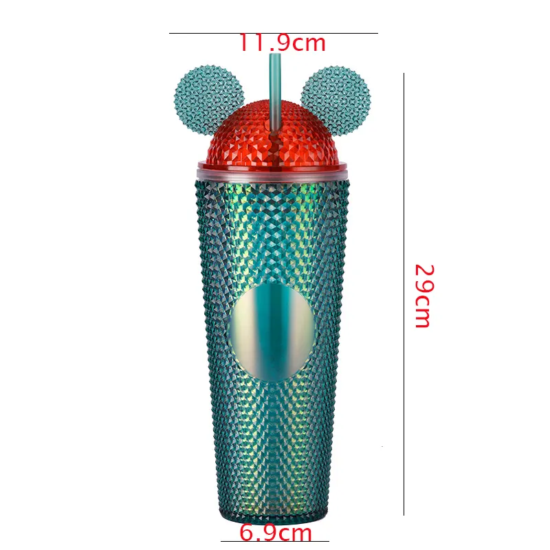 Tumbler telinga Mouse Bling 710ml, Tumbler plastik dinding ganda Natal dengan sedotan dan tutup, Mug 24oz Matte akrilik Pink