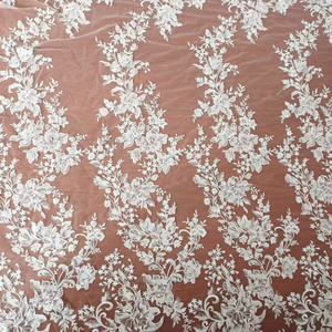 تصاميم تطريز الزهور مع خرز ثقيل، قماش دانتيل 100% بوليستر مع خرز وترتر فاخر لفساتين زفاف الفتيات - Product Image 4