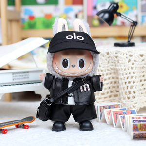 Labubu <b>Doll</b> Clothes 5-Piece Set Black Leather Jacket With Hat And Pants For Plush Toy Accessories - Product Image 2