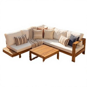 4-Piece Modern Solid Acacia Wood Garden Outdoor Patio <b>Sofa</b> Set with Coffee Table Waterproof Fabric Cushions in Beige - Product Image 3