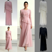 Robe de soirée formelle modeste OEM d'usine Dubaï, rose, en dentelle perlée, à manches longues, en tulle superposé, longue, pour l'Aïd et le Ramadan