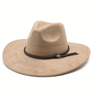 Custom Private Label logo Women Wide Brim Suede Fedora <b>Hat</b> With Pu Leather Rope Decoration - Product Image 6